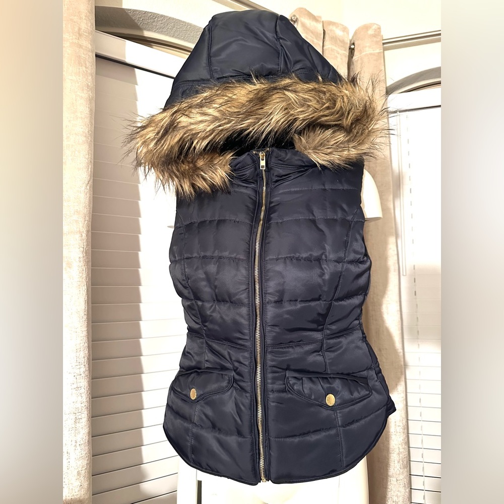 H&M Beautiful Navy Blue Vest with Fur Trimmed Hood, Size 14